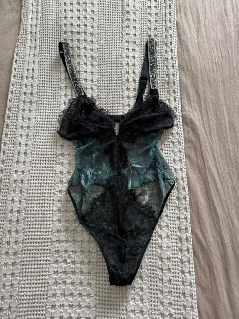 Victoria's Secret Black Lace Floral Mesh Bodysuit Size M